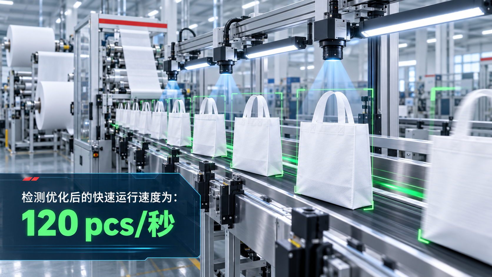 无纺布袋视觉检测优化后的快速运行速度为120 pcs每秒
